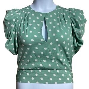 Milk & Honey green and white polka dot puff sleeve tie back cropped blouse Small